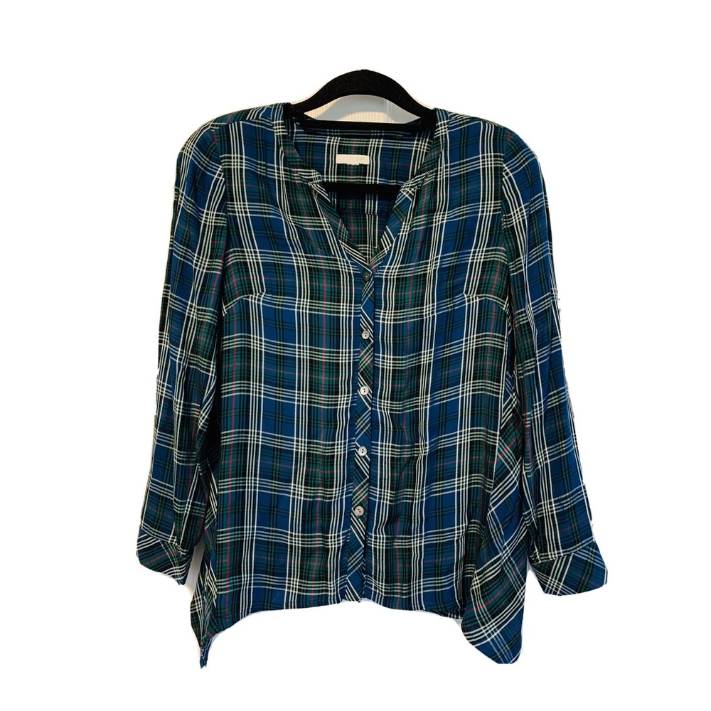 J Jill Plaid Rayon V-Neck Button Front Shirt Blouse Long Sleeve Small